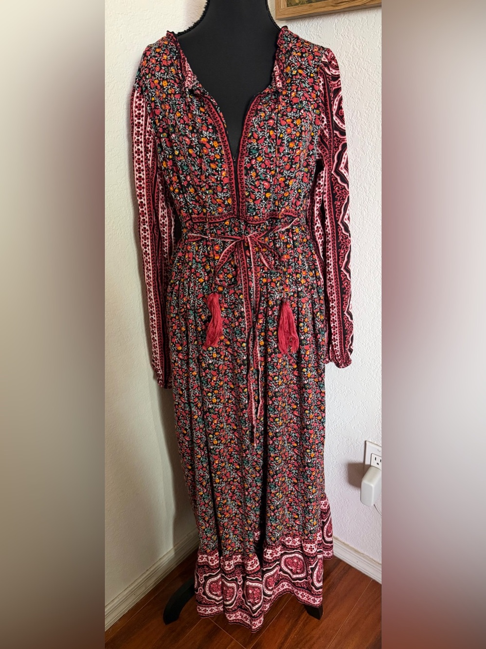 Natural Life Boho Floral Maxi Dress in Burgundy with Tassel Tie - Size L